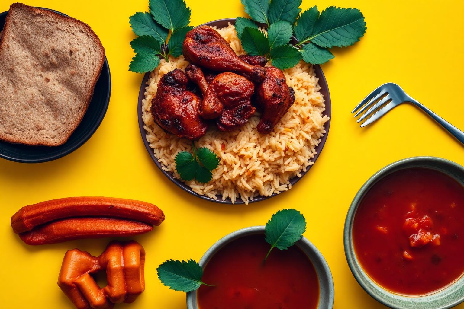 Nigerian jollof rice, grilled chicken and pepper soup